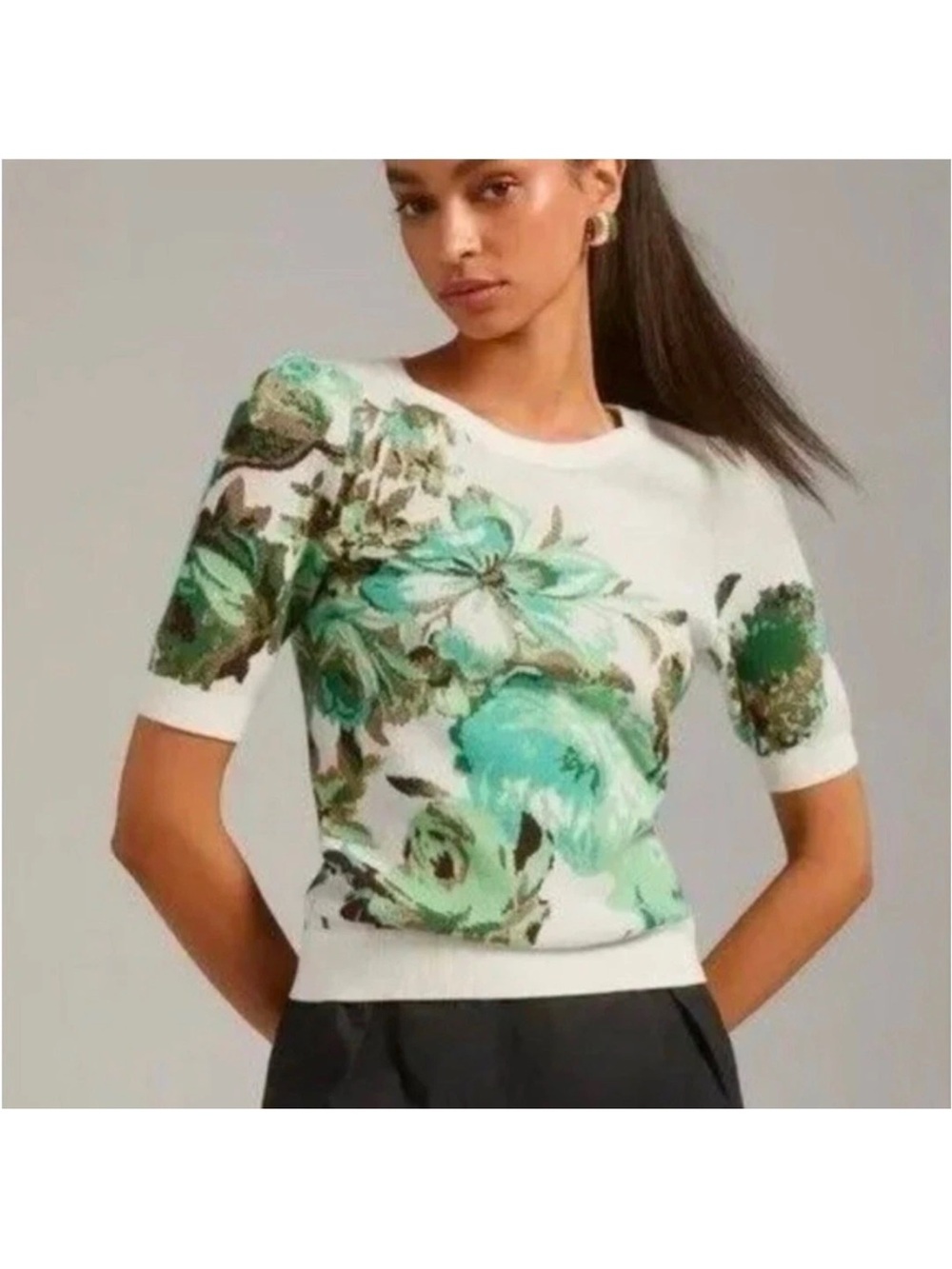 Maeve Anthropologie Floral Short-Sleeve Knit Top in White and Mint